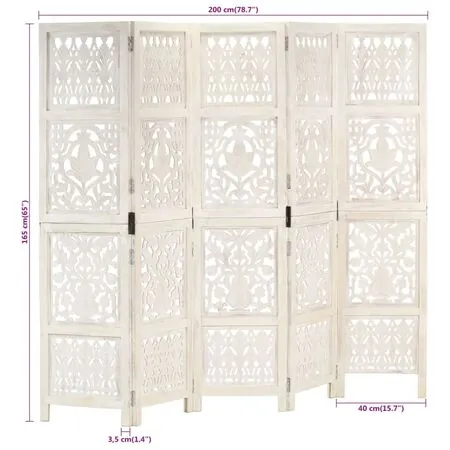  Paravan cameră sculptat manual 5 panouri alb 200x165 cm mango