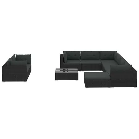  Set mobilier de grădină cu perne, 10 piese, negru, poliratan