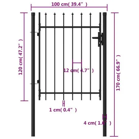  Poartă de gard, o ușă, cu vârf suliță, negru, 1 x 1,2 m, oțel
