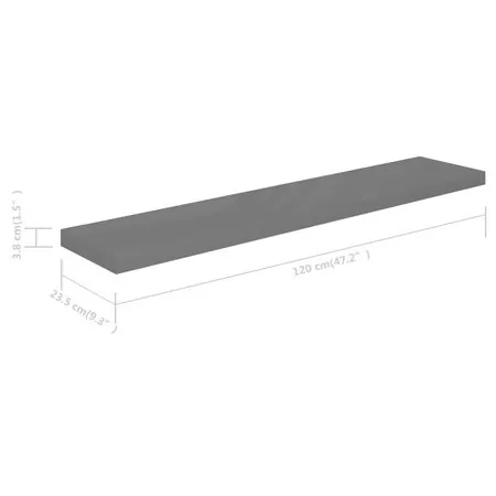  Rafturi de perete, 2 buc., gri extralucios, 120x23,5x3,8 cm MDF