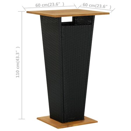  Masă de bar, negru, 60x60x110 cm, poliratan/lemn masiv acacia