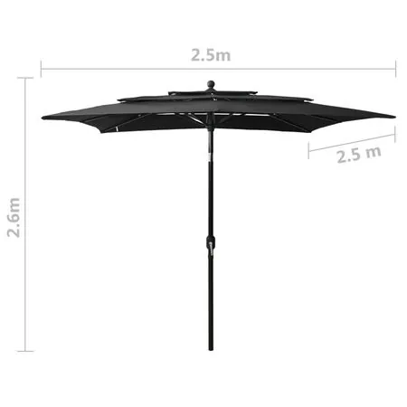  Umbrelă de soare 3 niveluri, stâlp aluminiu, negru, 2,5x2,5 m