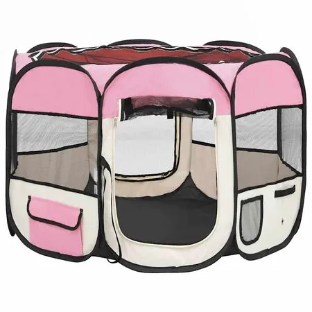  Țarc joacă pliabil câini cu sac de transport roz 90x90x58 cm