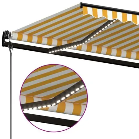  Copertină automată cu senzor vânt&LED, galben/alb, 500x300 cm