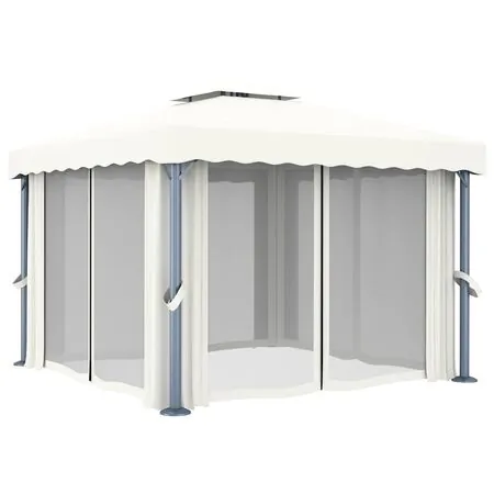  Pavilion cu perdele & șiruri lumini LED, alb crem, 3x3 m