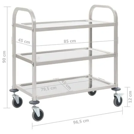  Cărucior de bucătărie 3 niveluri 96,5x55x90 cm oțel inoxidabil