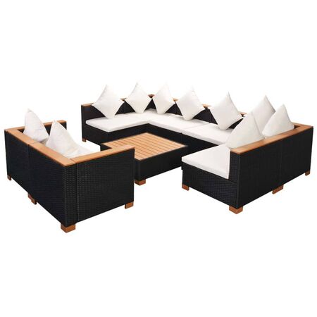  Set mobilier de grădină cu perne, 9 piese, negru, poliratan