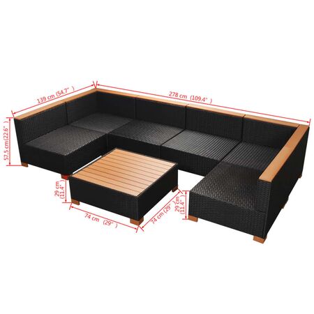  Set mobilier de grădină cu perne, 9 piese, negru, poliratan