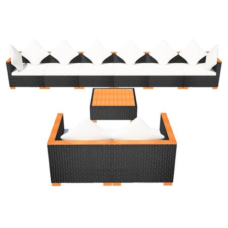  Set mobilier de grădină cu perne, 9 piese, negru, poliratan
