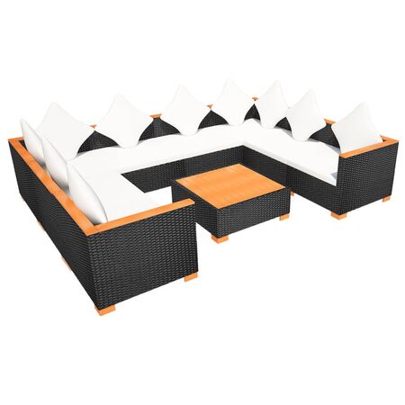  Set mobilier de grădină cu perne, 9 piese, negru, poliratan