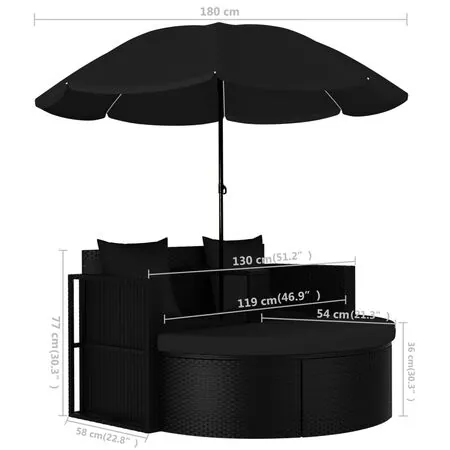  Pat de grădină cu umbrelă de soare, negru, poliratan