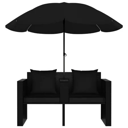  Pat de grădină cu umbrelă de soare, negru, poliratan