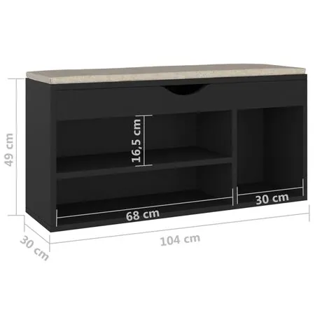  Banchetă pantofar cu pernă, negru, 104x30x49 cm, lemn prelucrat