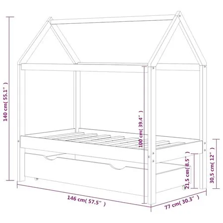 Cadru pat copii, cu un sertar, 70x140 cm, lemn masiv de pin