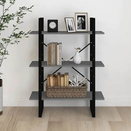  Bibliotecă cu 3 rafturi, gri, 80x30x105 cm, lemn masiv de pin