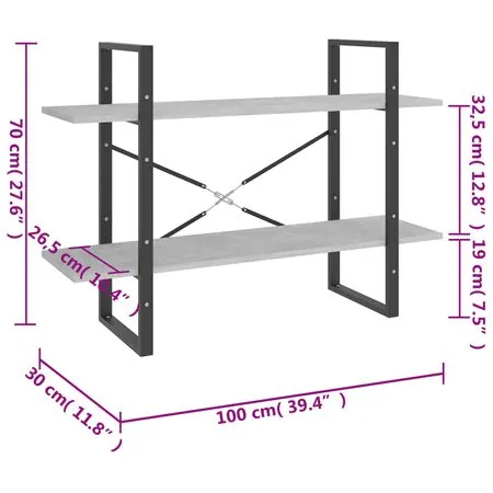  Bibliotecă cu 2 rafturi, gri beton, 100x30x70 cm, PAL