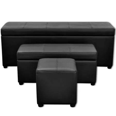 Set banchetă depozitare, piele eco, taburet pt. picioare, negru, 3 buc