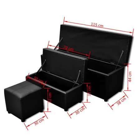 Set banchetă depozitare, piele eco, taburet pt. picioare, negru, 3 buc