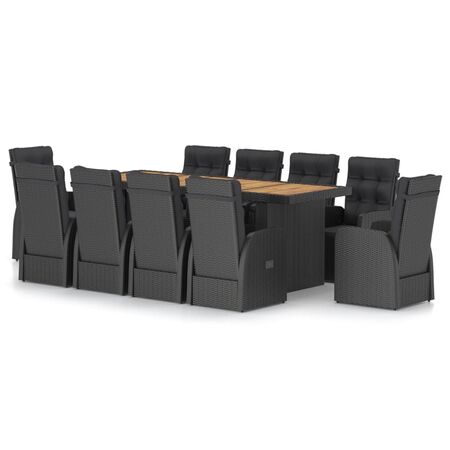  Set mobilier de exterior cu perne, 11 piese, negru, poliratan