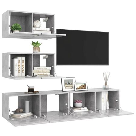  Set de dulapuri TV, 4 piese, gri beton, lemn prelucrat