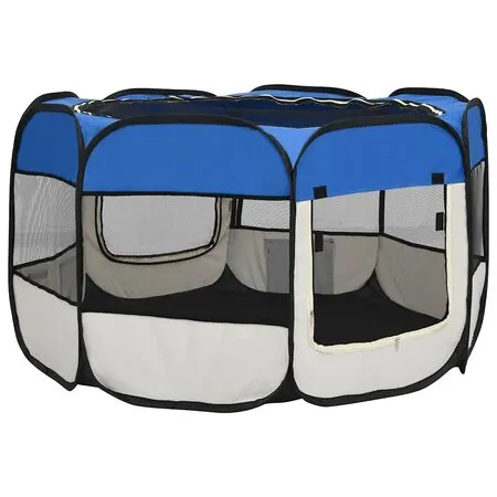  Țarc joacă pliabil câini cu sac de transport albastru 110x110x58 cm