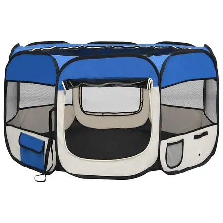  Țarc joacă pliabil câini cu sac de transport albastru 110x110x58 cm
