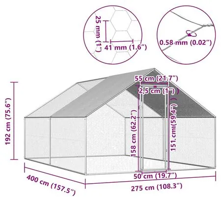  Coteț de păsări pentru exterior, 2,75x4x1,92 m, oțel galvanizat  