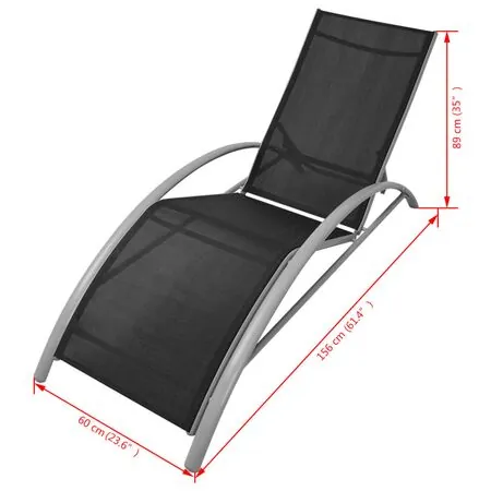  Șezlonguri de plajă cu masă, negru, aluminiu 
