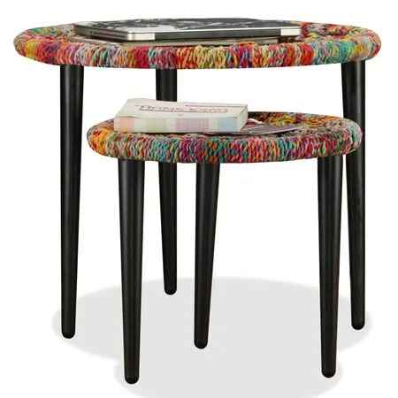  Set măsuțe cafea, 2 buc., detalii chindi împletite, multicolor