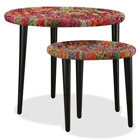  Set măsuțe cafea, 2 buc., detalii chindi împletite, multicolor
