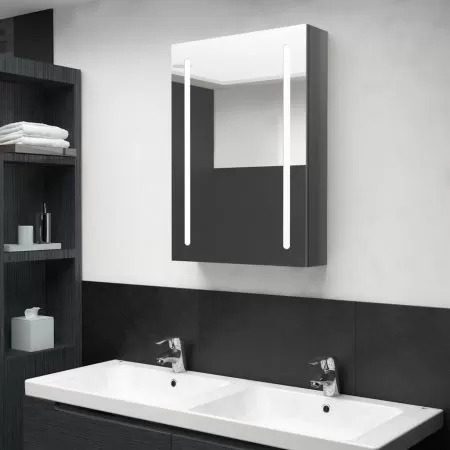 Dulap de baie cu oglinda si LED, cenusiu strălucitor, 50 x 13 x 70 cm