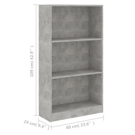  Bibliotecă cu 3 rafturi, gri beton, 60x24x109 cm, lemn compozit