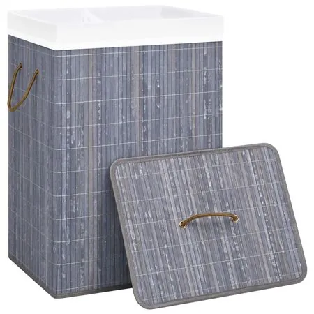  Coș de rufe din bambus cu 2 secțiuni, gri, 72 L