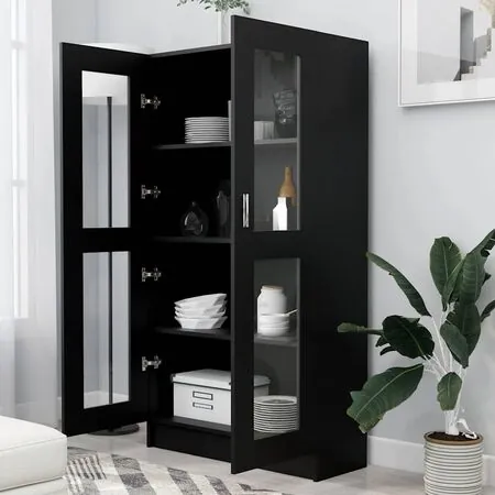  Dulap cu vitrină, negru, 82,5x30,5x150 cm, lemn prelucrat