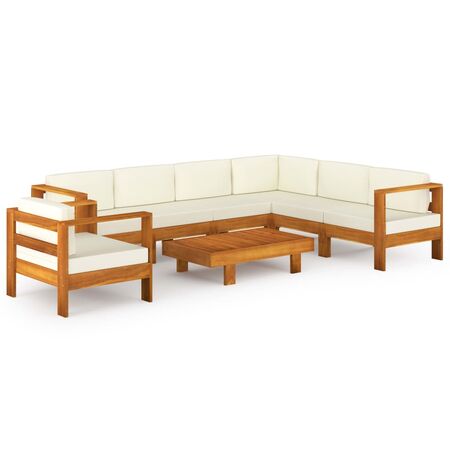  Set mobilier grădină perne alb/crem, 8 piese, lemn masiv acacia