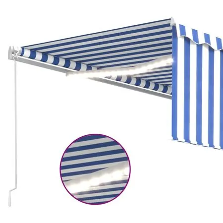  Copertină retractabilă manual cu stor&LED, albastru&alb, 4,5x3m