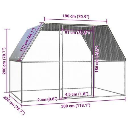  Coteț de păsări pentru exterior, 3x2x2 m, oțel galvanizat