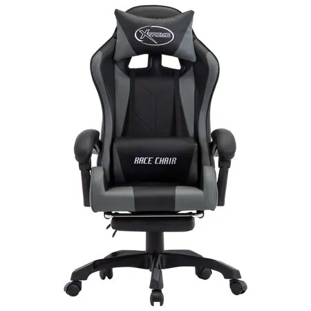  Scaun de racing, suport picioare, gri/negru, piele ecologică