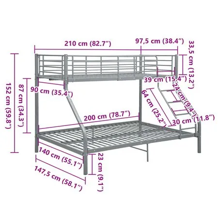  Cadru de pat supraetajat, gri, 140 x 200/90 x 200 cm, metal