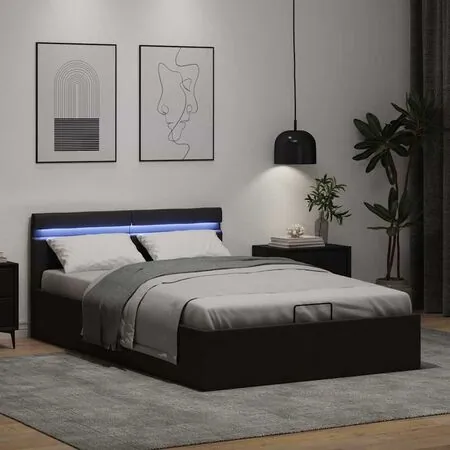  Cadru pat hidraulic ladă, LED, negru 140x200 cm piele ecologică 