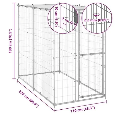  Padoc câini de exterior cu acoperiș 110x220x180 cm oțel zincat