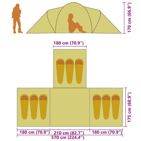  Cort camping, 9 persoane, gri și portocaliu, material textil