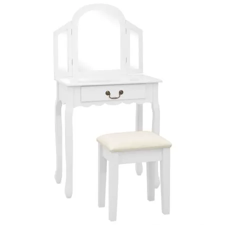  Masă toaletă cu taburet, alb, 65x36x128 cm, lemn paulownia, MDF