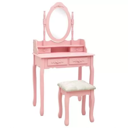 Set masa de toaleta cu taburet roz 75x69x140 cm lemn paulownia, roz