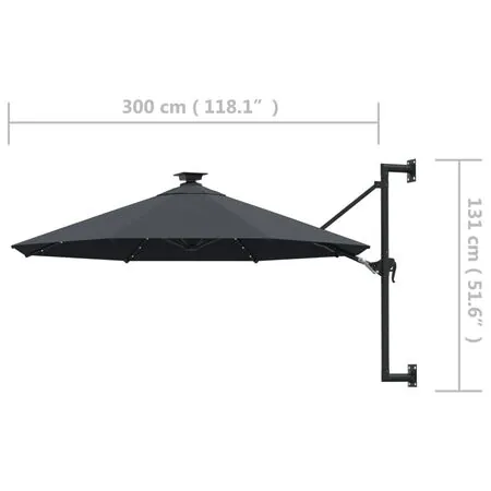  Umbrelă de soare montată pe perete cu LED-uri, antracit, 300 cm