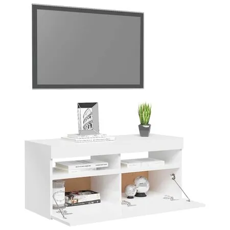  Comodă TV cu lumini LED, alb extralucios, 90x35x40 cm