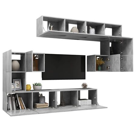 Set de dulapuri TV, 8 piese, gri beton, lemn prelucrat