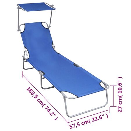  Șezlong pliabil cu copertină, albastru, aluminiu