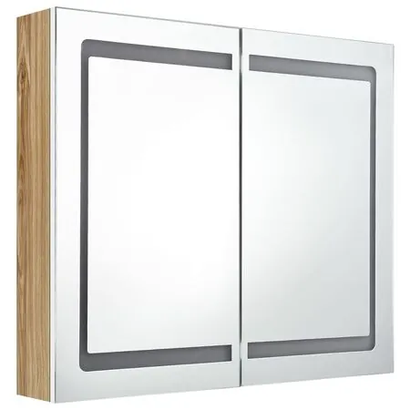  Dulap de baie cu oglindă și LED, alb și stejar, 80x12x68 cm