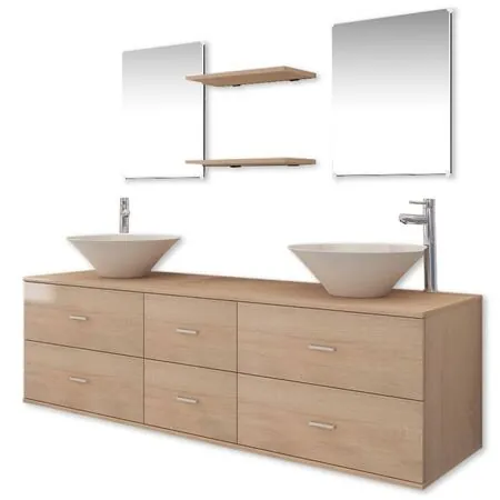  Set mobilier baie 9 piese cu chiuvete și robinete incluse, Bej